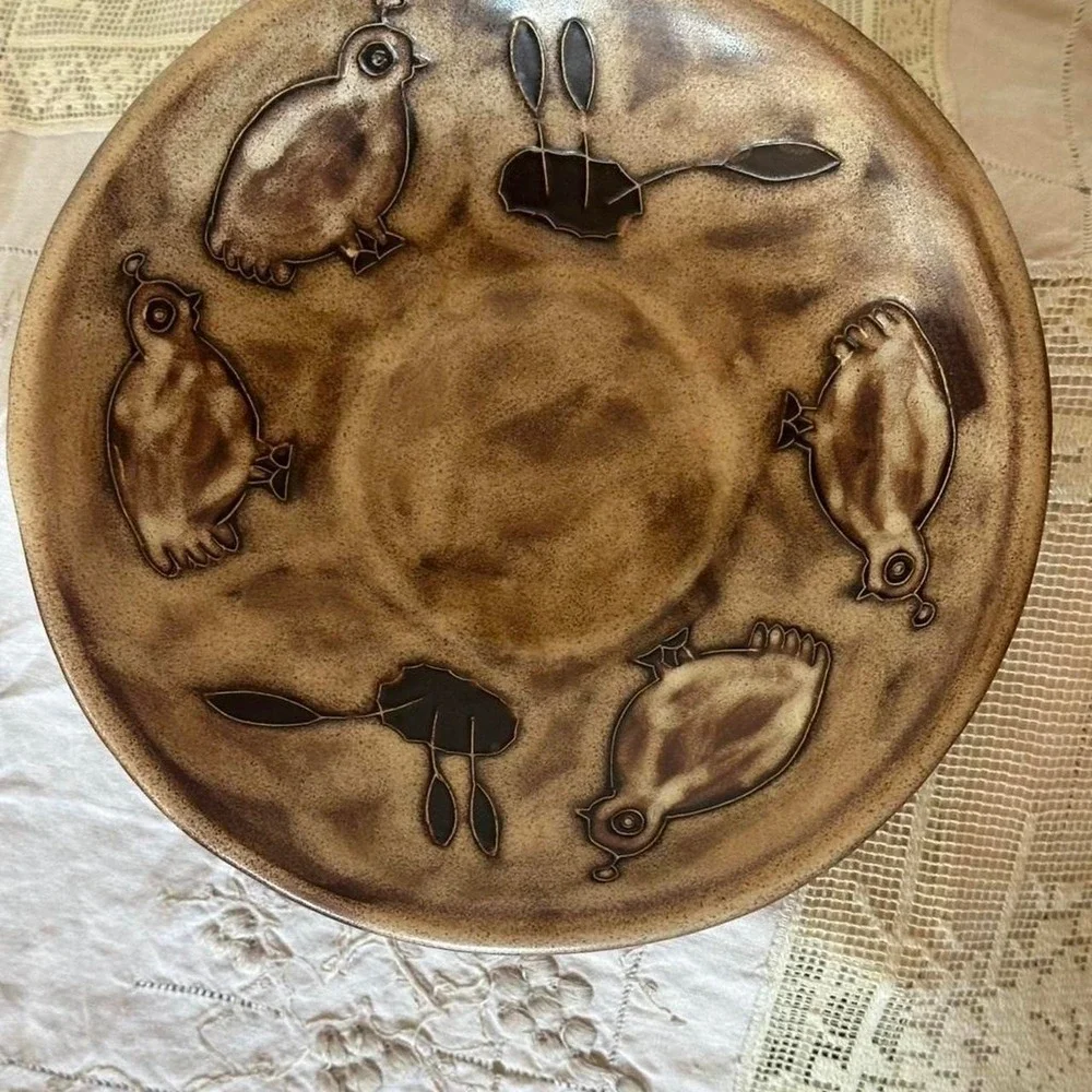Mary 4 Mexico brown and tan ceramic plate with baby quail and bushes